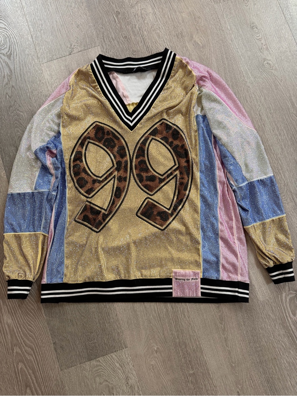 AKIRA Gold Metallic V-Neck Sweater with Pastel Colorblock Sleeves